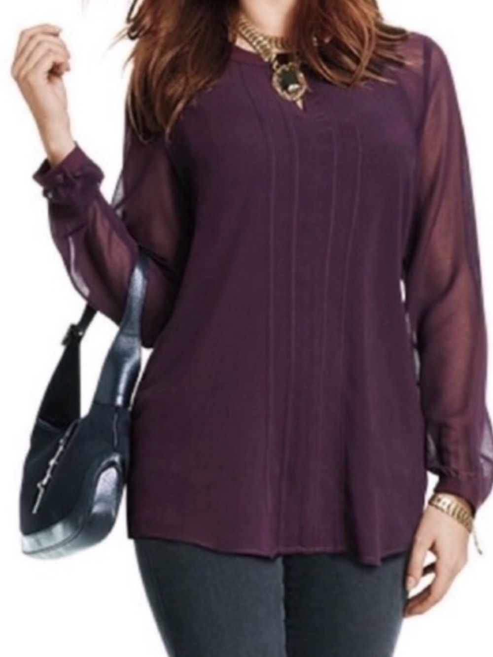 CAbi #3092 Long Sleeve burgundy Pleated Tunic Top
